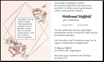 Traueranzeige von Waltraud Hoßfeld von Südthüringer Presse