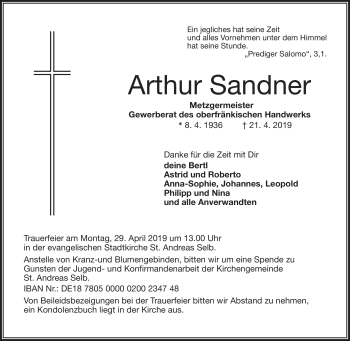 Traueranzeige von Arthur Sandner von Frankenpost