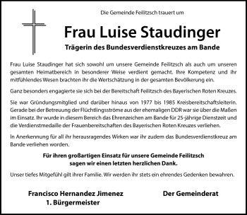 Traueranzeige von Luise Staudinger von Frankenpost