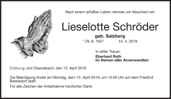 Traueranzeige von Lieselotte Schröder von Neue Presse Coburg