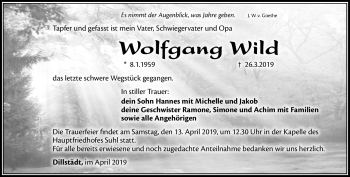 Traueranzeige von Wolfgang Wild von Südthüringer Presse
