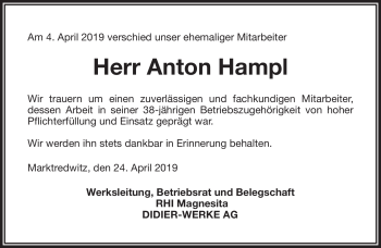 Traueranzeige von Anton Hampl von Frankenpost