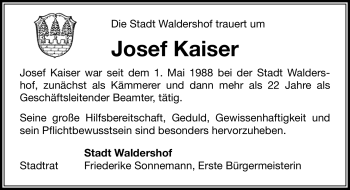 Traueranzeige von Josef Kaiser von Frankenpost