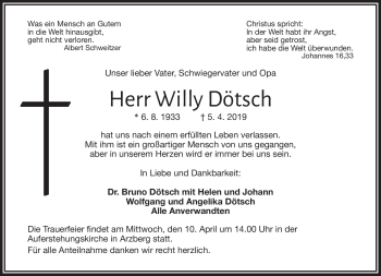 Traueranzeige von Willy Dötsch von Frankenpost