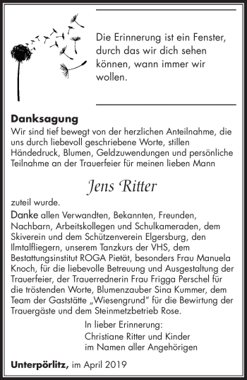 Traueranzeige von Jens Ritter von Südthüringer Presse