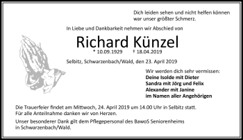 Traueranzeige von Richard Künzel von Frankenpost