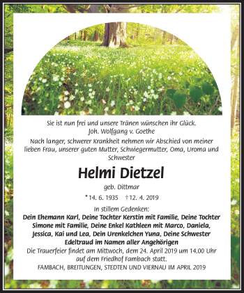 Traueranzeige von Helmi Dietzel von Südthüringer Presse
