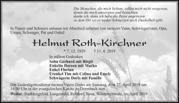 Traueranzeige von Helmut Roth-Kirchner von Südthüringer Presse