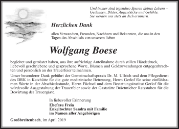 Traueranzeige von Wolgang Boese von Südthüringer Presse