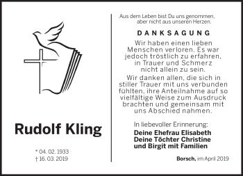 Traueranzeige von Rudolf Kling von Südthüringer Presse