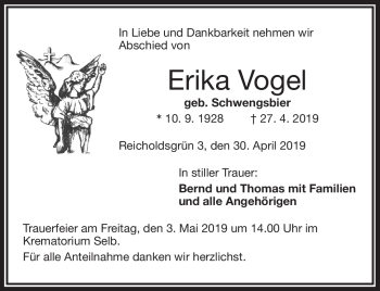 Traueranzeige von Erika Vogel von Frankenpost