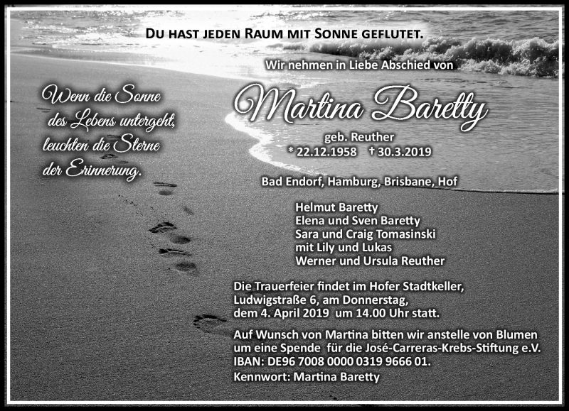  Traueranzeige für Martina Baretty vom 03.04.2019 aus Frankenpost