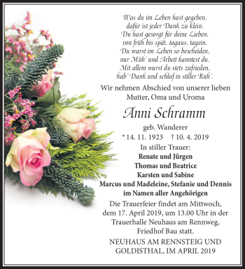 Traueranzeige von Anni Schramm von Südthüringer Presse