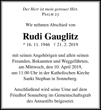 Traueranzeige von Rudi Gauglitz von Südthüringer Presse