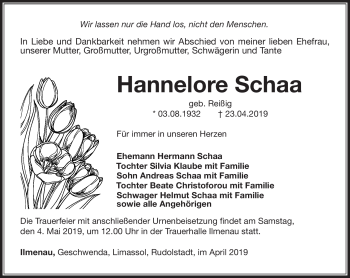 Traueranzeige von Hannelore Schaa von Südthüringer Presse