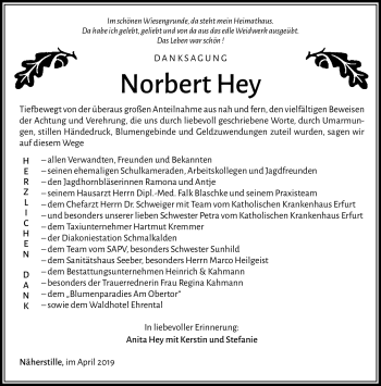 Traueranzeige von Norbert Hey von Südthüringer Presse