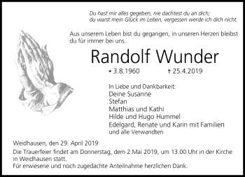 Traueranzeige von Randolf Wunder von Neue Presse Coburg