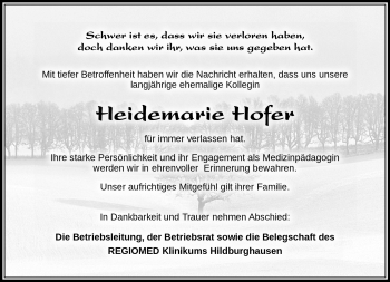 Traueranzeige von Heidemarie Hofer von Neue Presse Coburg