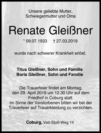 Traueranzeige von Renate Gleißner von Neue Presse Coburg