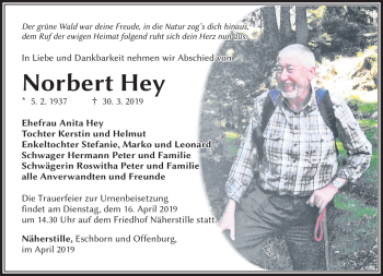 Traueranzeige von Norbert Hey von Südthüringer Presse