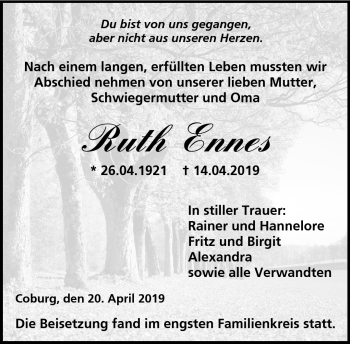 Traueranzeige von Ruth Ennes von Neue Presse Coburg