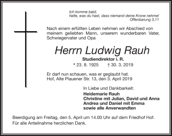 Traueranzeige von Ludwig Rauh von Frankenpost