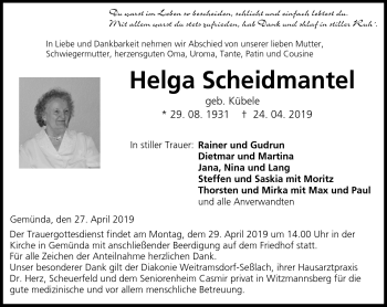 Traueranzeige von Helga Scheidmantel von Neue Presse Coburg