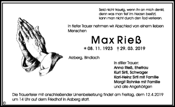 Traueranzeige von Max Rieß von Frankenpost