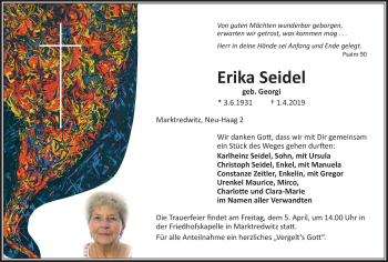 Traueranzeige von Erika Seidel von Frankenpost