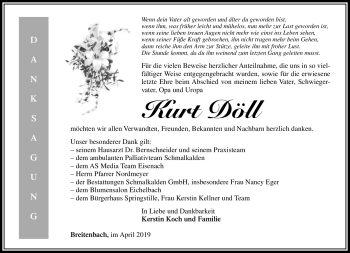 Traueranzeige von Kurt Döll von Südthüringer Presse