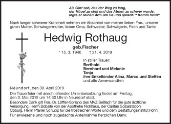Traueranzeige von Hedwig Rothaug von Neue Presse Coburg