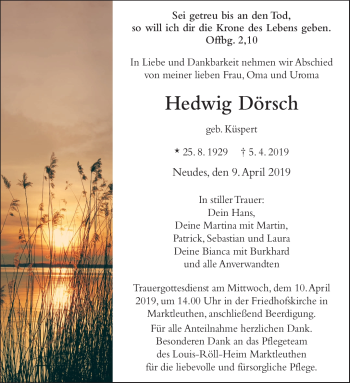 Traueranzeige von Hedwig Dörsch von Frankenpost