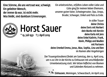 Traueranzeige von Horst Sauer von Südthüringer Presse
