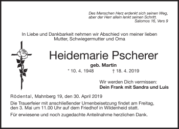 Traueranzeige von Heidemarie Pscherer von Neue Presse Coburg