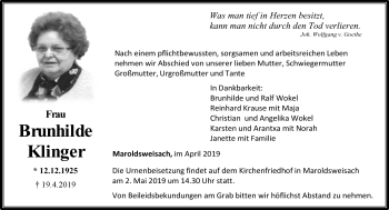 Traueranzeige von Brunhilde Klinger von Neue Presse Coburg