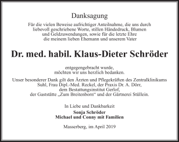 Traueranzeige von Klaus-Dieter Schröder von Südthüringer Presse