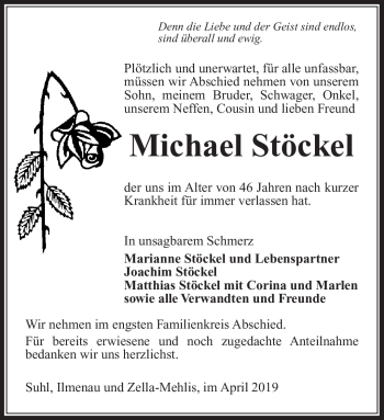 Traueranzeige von Michael Stöckel von Südthüringer Presse