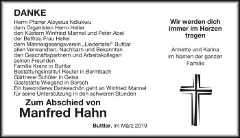 Traueranzeige von Manfred Hahn von Südthüringer Presse