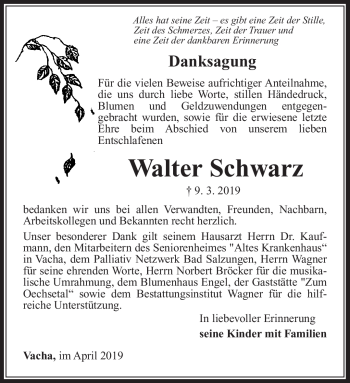 Traueranzeige von Walter Schwarz von Südthüringer Presse