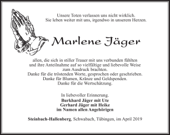 Traueranzeige von Marlene Jäger von Südthüringer Presse
