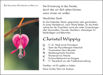 Traueranzeige von Christel Wippig von Südthüringer Presse