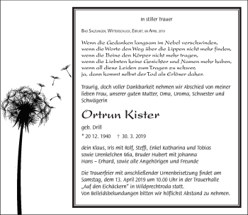 Traueranzeige von Ortrun Kister von Südthüringer Presse