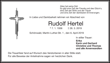 Traueranzeige von Rudolf Hertel von Frankenpost