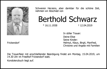 Traueranzeige von Berthold Schwarz von Neue Presse Coburg