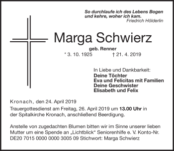 Traueranzeige von Marga Schwierz von Neue Presse Coburg
