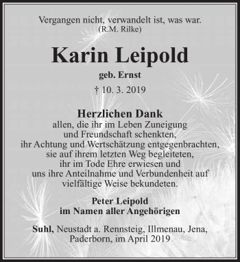 Traueranzeige von Karin Leipold von Südthüringer Presse