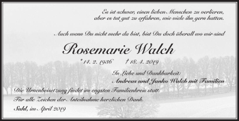 Traueranzeige von Rosemarie Walch von Südthüringer Presse