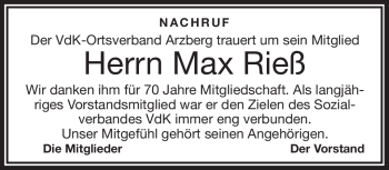 Traueranzeige von Max Rieß von Frankenpost