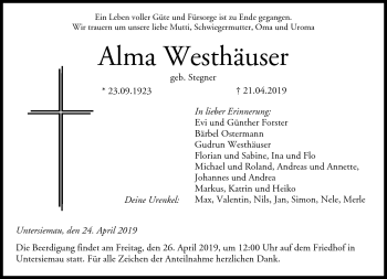 Traueranzeige von Alma Westhäuser von Neue Presse Coburg