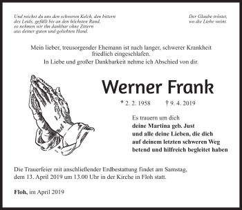 Traueranzeige von Werner Frank von Südthüringer Presse